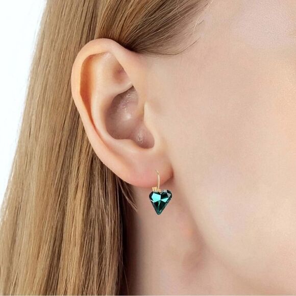 14k Gold Emerald Earrings, Solitaire Heart Shaped Emerald  14K Yellow Gold with Emerald Green Austrian Crystal Heart Leverback Earrings